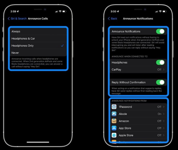 iPhone Announce Notifications settings with Headphones toggle